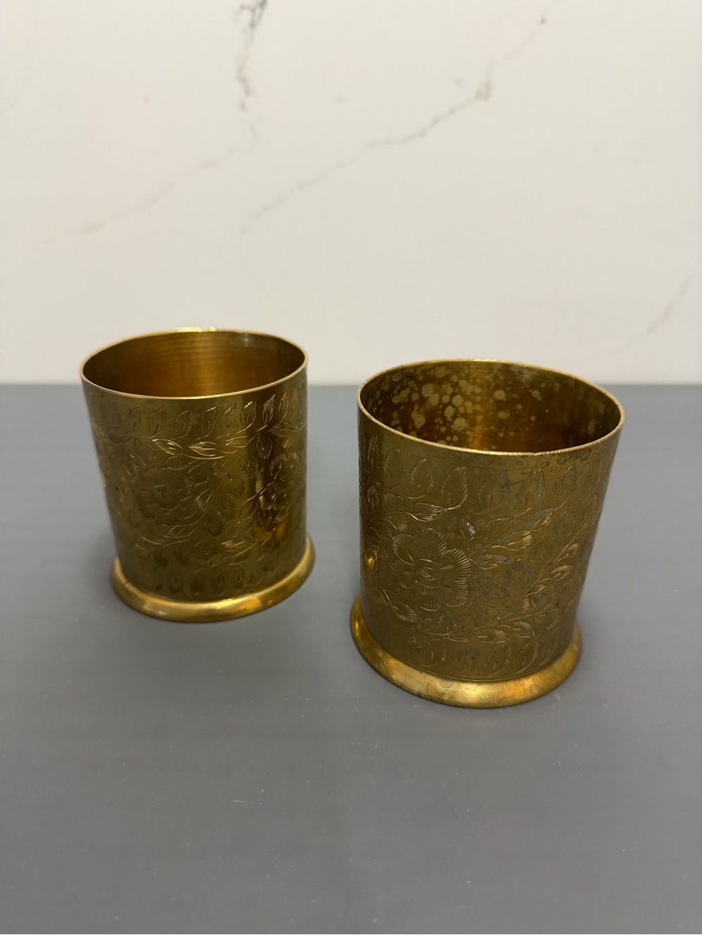 Brass Floral Engraved Cylinder Vases - Gold